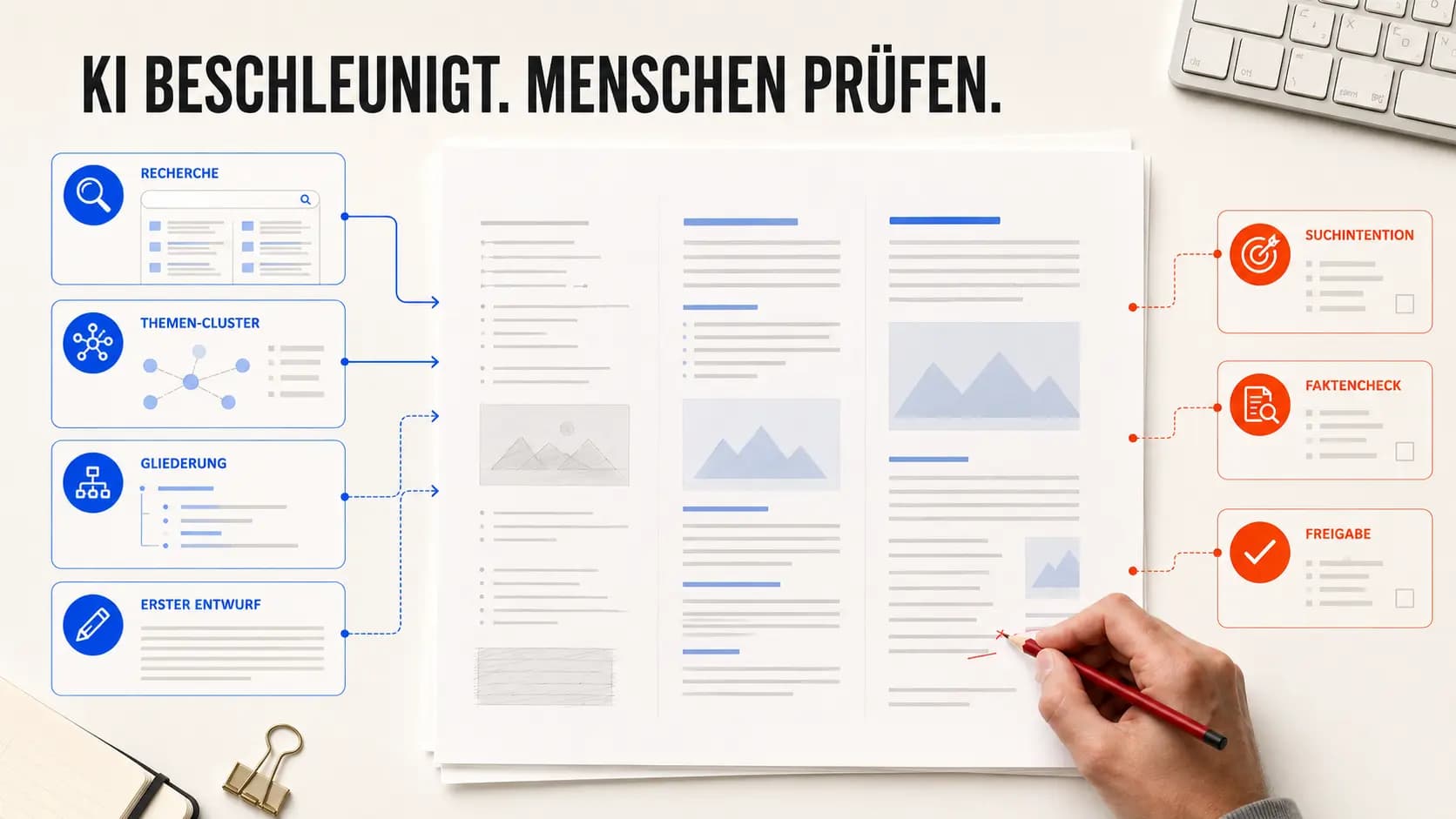 SEO-Arbeitsablauf, in dem KI Recherche und Entwurf beschleunigt und Menschen Suchintention, Fakten und Freigabe prüfen