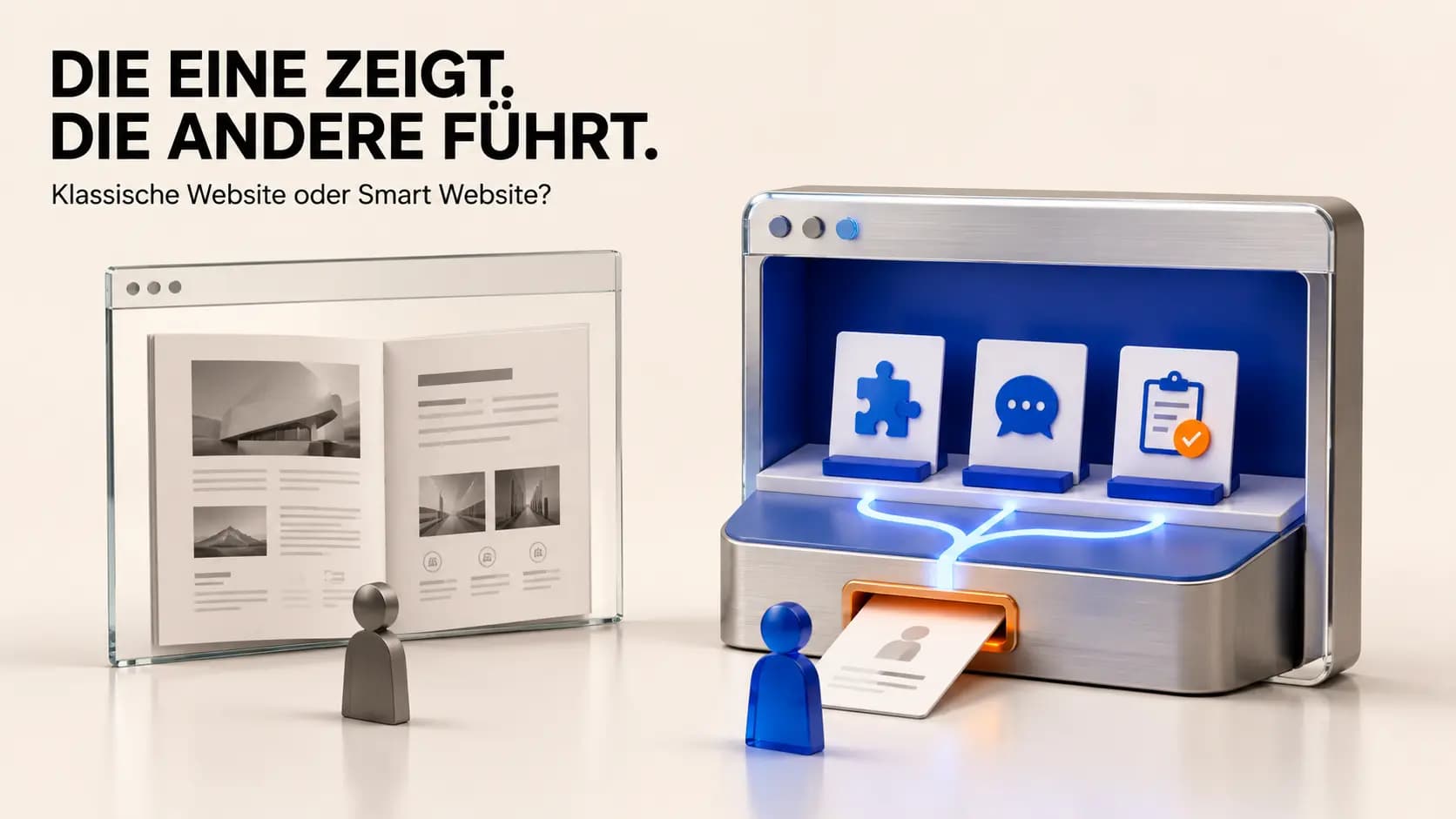 Eine klassische Website als statische Broschüre neben einer Smart Website, die Besucher zur passenden Aktion führt